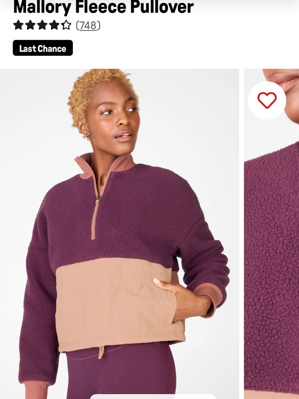 Fabletics Mallory Fleece Half-Zip Pullover XXS NWT